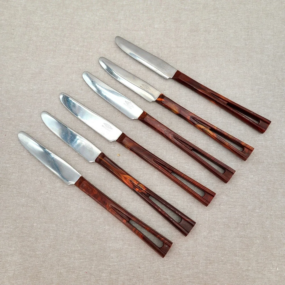 VTG Stanley DeLuxe Steak Knives Set of 6 Stainless - Bakelite Handles Marbled